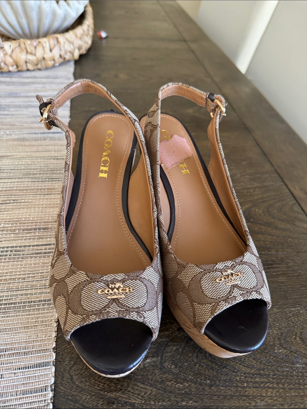 COACH Brown Signature Canvas Peep-Toe Slingback Wedges